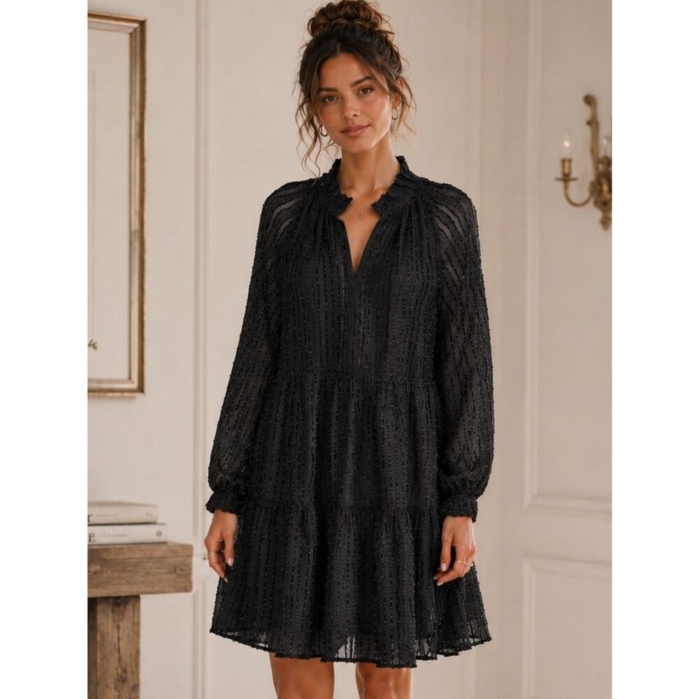Ellison Black Textured Stripe Tiered Mini Dress Long Sleeves L